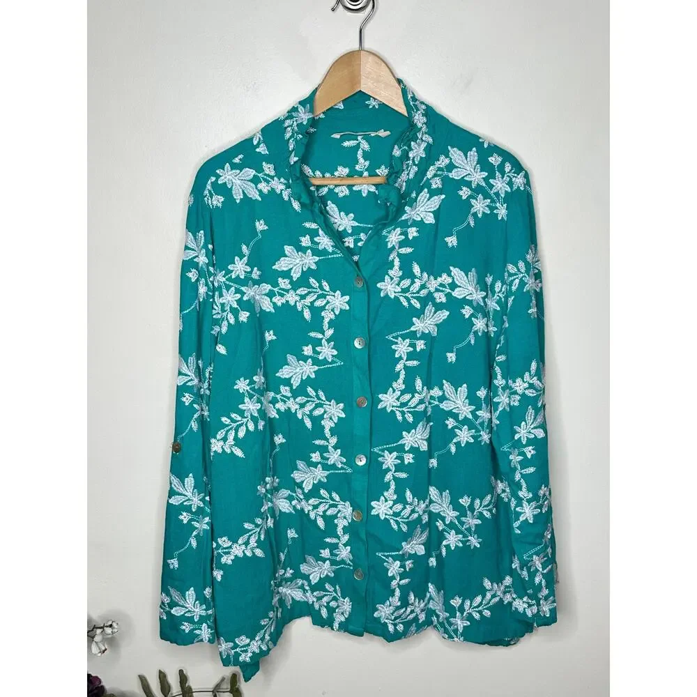 SOFT SURROUNDINGS Isla Verde Linen Blend Embroidered Shirt Teal Sz 1X {T42} - Picture 2 of 5